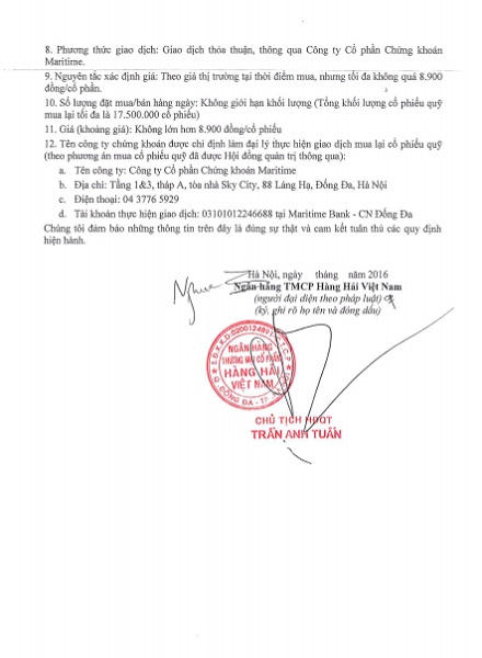Maritime Bank: Công bố thông tin giao dịch cổ phiếu quỹ