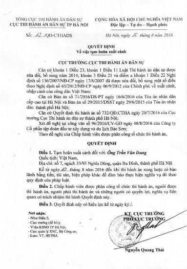 Vụ đòi tài sản của Tập đoàn Bảo Sơn: Quyết định tạm hoãn xuất cảnh đối với ông Trần Văn Dung