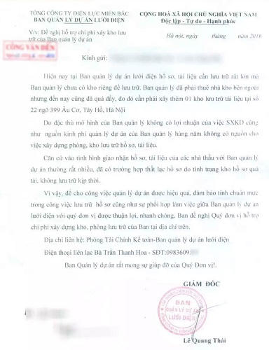 Ban quản lý Dự án lưới điện gửi văn bản xin tiền các nhà thầu?