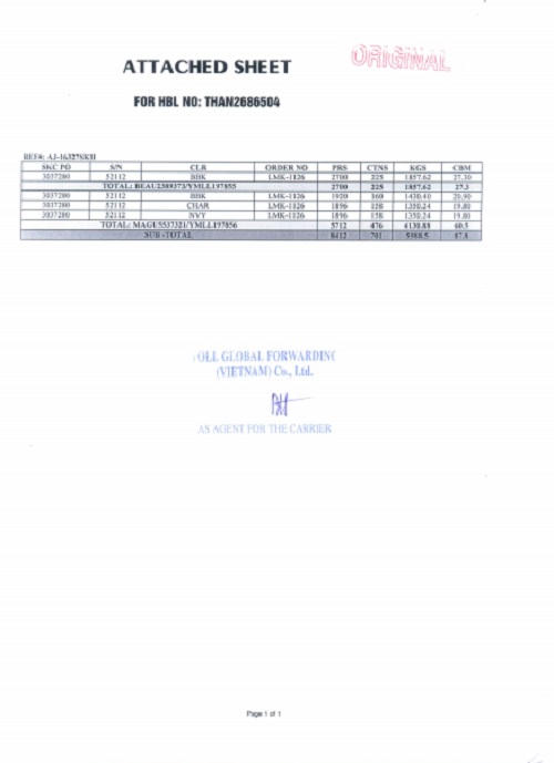 Thông báo về việc mất vận đơn gốc - số bill B/L No: THAN2686504