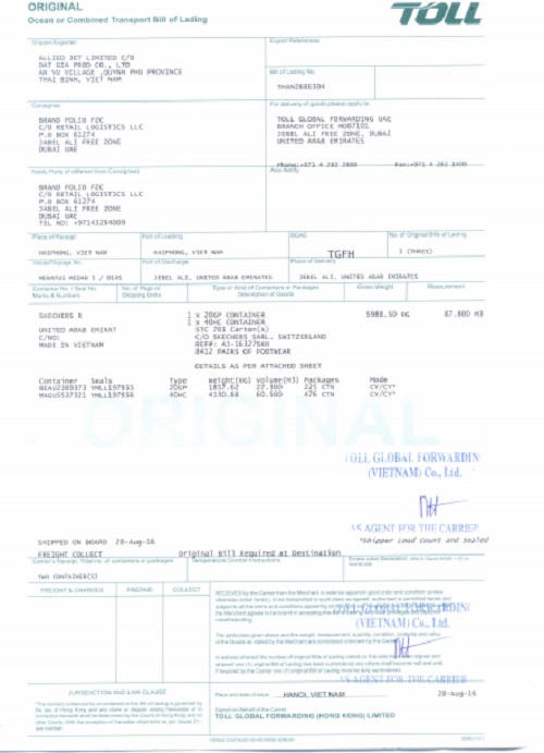 Thông báo về việc mất vận đơn gốc - số bill B/L No: THAN2686504