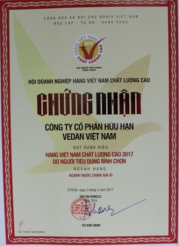 Vedan Việt Nam tiếp tục đạt danh hiệu “Hàng Việt Nam Chất lượng cao năm 2017”