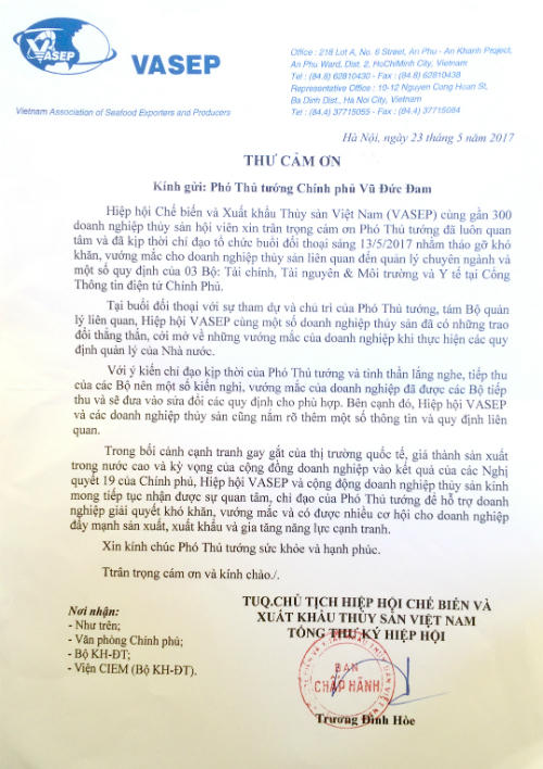 VASEP: Sự chỉ đạo kịp thời của Phó Thủ tướng giúp tháo gỡ khó khăn cho DN