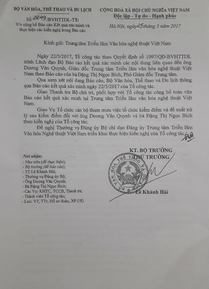 Trung tâm triển lãm VHNT Việt Nam: Người báo cáo sai phạm bị kiểm điểm vì “gây mất đoàn kết”?