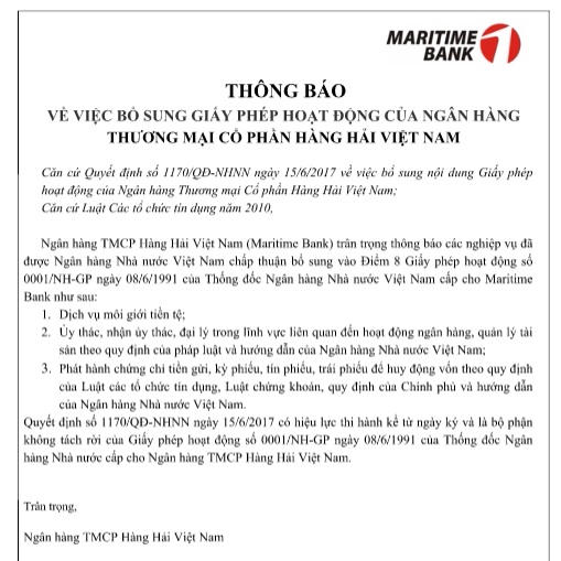 Thông báo về việc bổ sung giấy phép hoạt động của Ngân hàng TMCP Hàng Hải Việt Nam