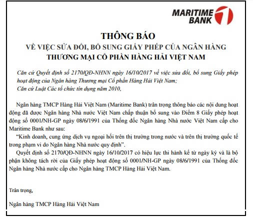 Sửa đổi, bổ sung Giấy phép của Ngân hàng TMCP Hàng Hải Việt Nam