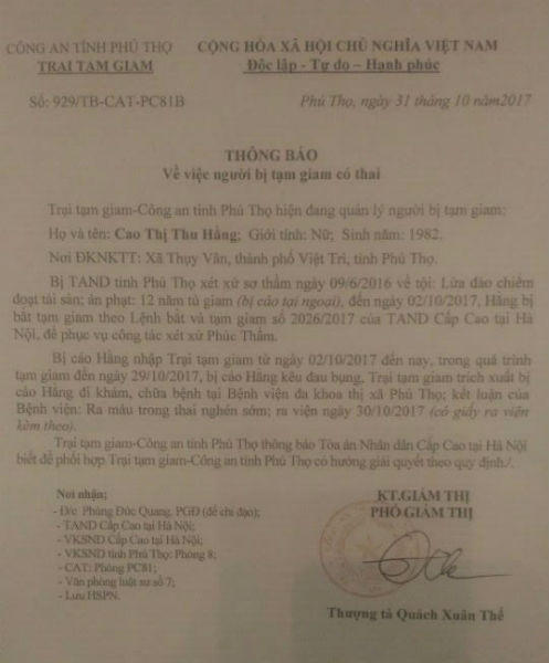 Phú Thọ: Bị bắt giam lại khi đang có thai ?