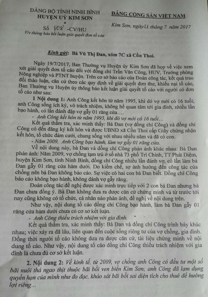 Một Huyện ủy viên bị vợ tố 'lợi dụng cương vị trưởng phòng'