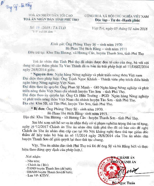 Thanh Sơn (Phú Thọ): Đề nghị Chánh án TAND cấp cao tại Hà Nội kháng nghị theo thủ tục giám đốc thẩm để hủy án sơ thẩm