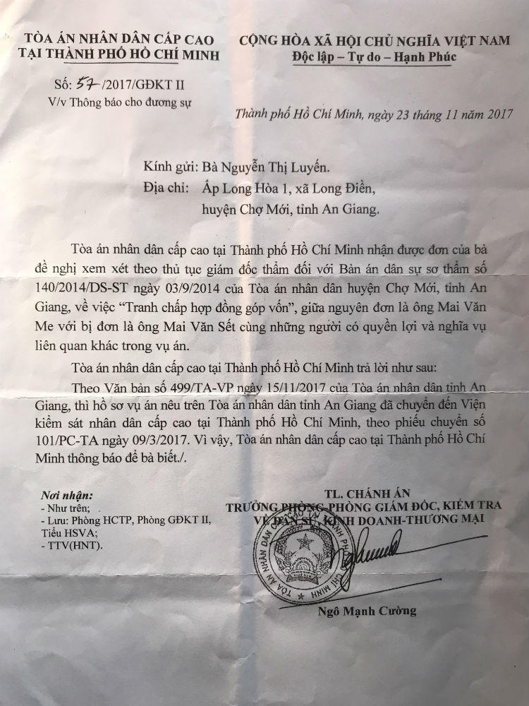 Hồ sơ vụ “Tranh chấp hợp đồng góp vốn” ở huyện Chợ Mới được chuyển lên VKSND Cấp cao tại TP HCM