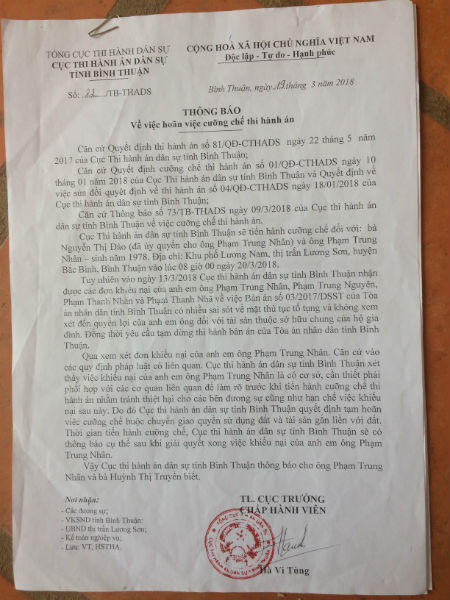 Tiếp vụ tranh chấp đất ở Bình Thuận: Cơ quan thi hành án hoãn cưỡng chế để xem xét lại