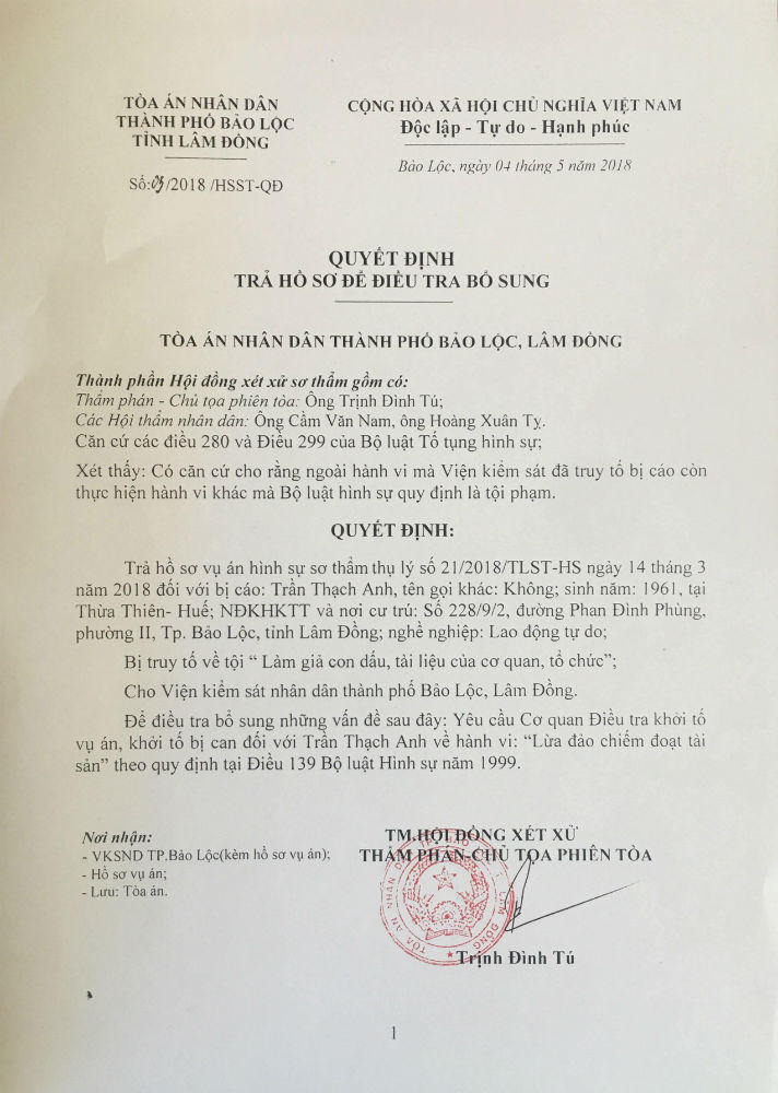 Diễn biến vụ “cò” dự án giả chữ ký lãnh đạo Lâm Đồng: Tòa trả hồ sơ yêu cầu khởi tố thêm tội “Lừa đảo”