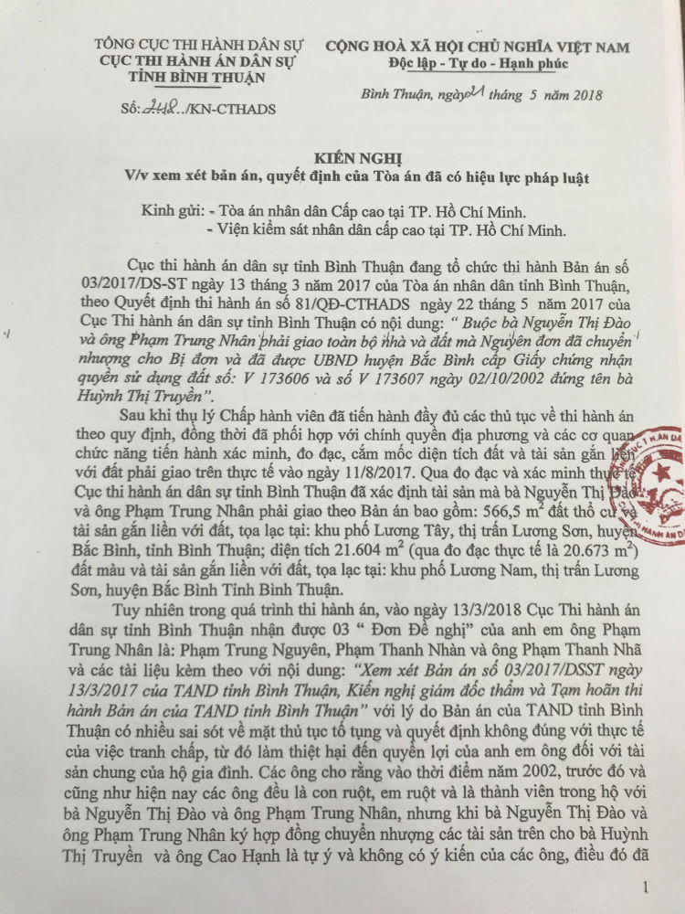 Tiếp vụ tranh chấp đất ở Bình Thuận: Cơ quan thi hành án kiến nghị xem xét kháng nghị bản án