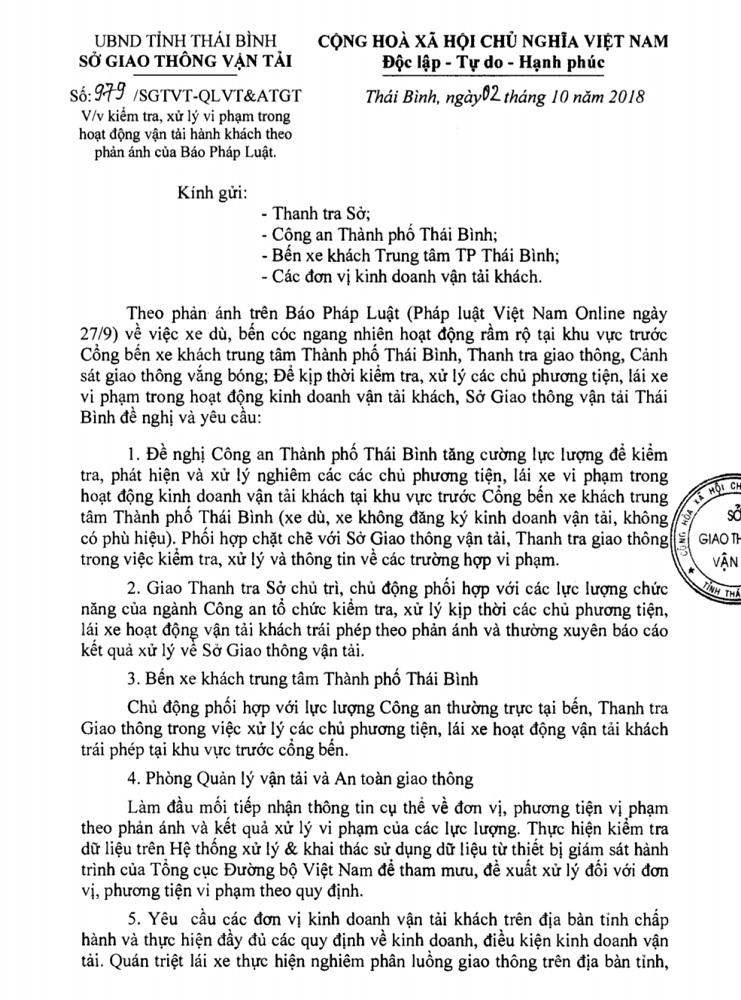 Phản hồi bài viết “Xe dù”, “bến cóc” ở Thái Bình: Sở GTVT kiên quyết xử lý vi phạm