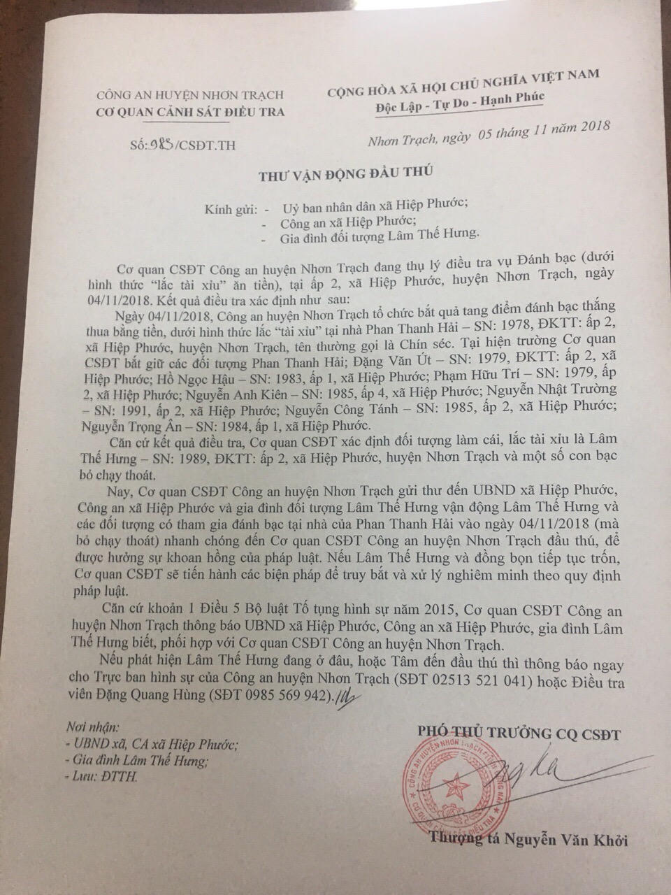 Cơ quan CSĐT Đồng Nai vận động các đối tượng ra đầu thú