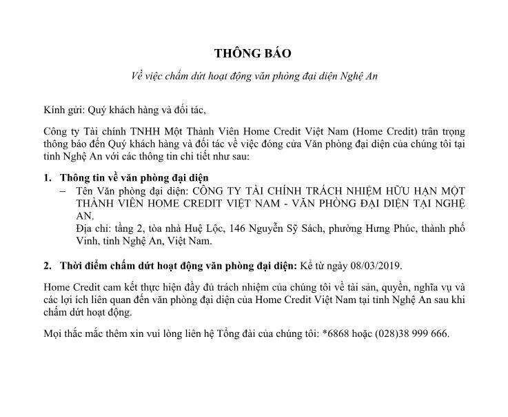 Home Credit Việt Nam chấm dứt hoạt động văn phòng đại diện Nghệ An