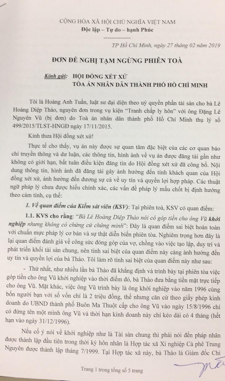 Vụ ly hôn 'vợ chồng Trung Nguyên': Bà Thảo phản đối giải quyết vụ án theo cảm tính