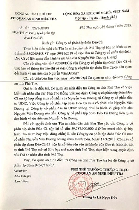 Công an tỉnh Phú Thọ: Công ty Đèo Cả không giúp sức cho Nguyễn Văn Dương rửa tiền