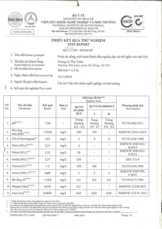 Cư dân The Vesta bức xúc vì nước có giun, amoni vượt giới hạn