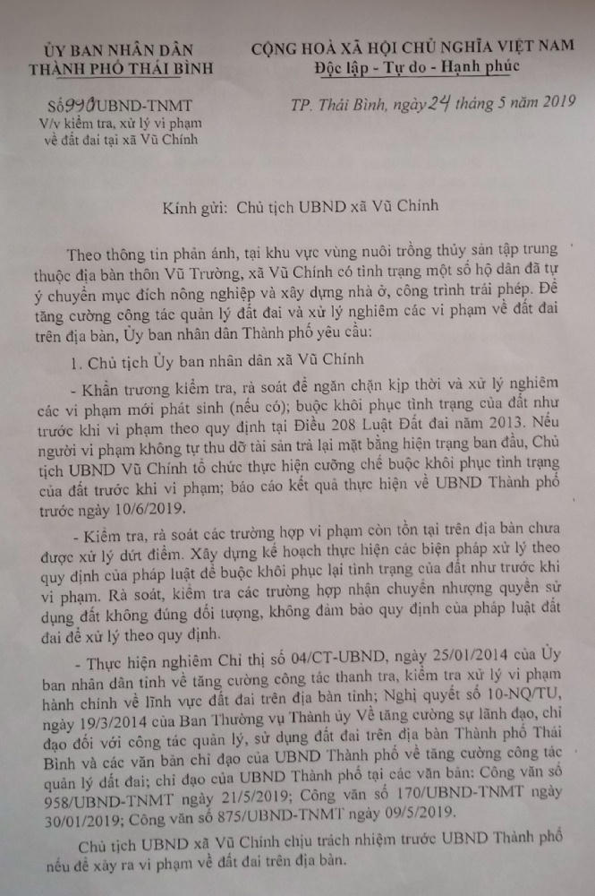 Sau bài báo “khu đô thị chui” trên đất nông nghiệp: UBND TP Thái Bình khẳng định kiên quyết xử lý