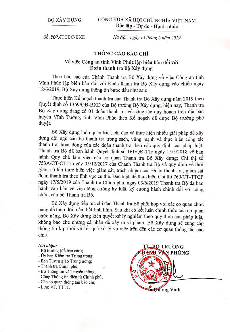 Bộ Xây dựng thông tin về việc Công an tỉnh Vĩnh Phúc lập biên bản đối với Đoàn thanh tra Bộ Xây dựng