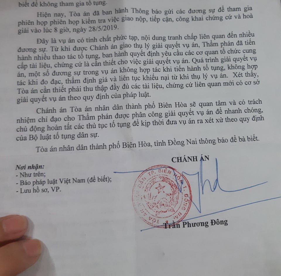 Phản hồi vụ kiện sáu năm bị thẩm phán “ngâm tôm”: Chánh án TAND Biên Hòa hứa “sẽ quan tâm, có trách nhiệm”