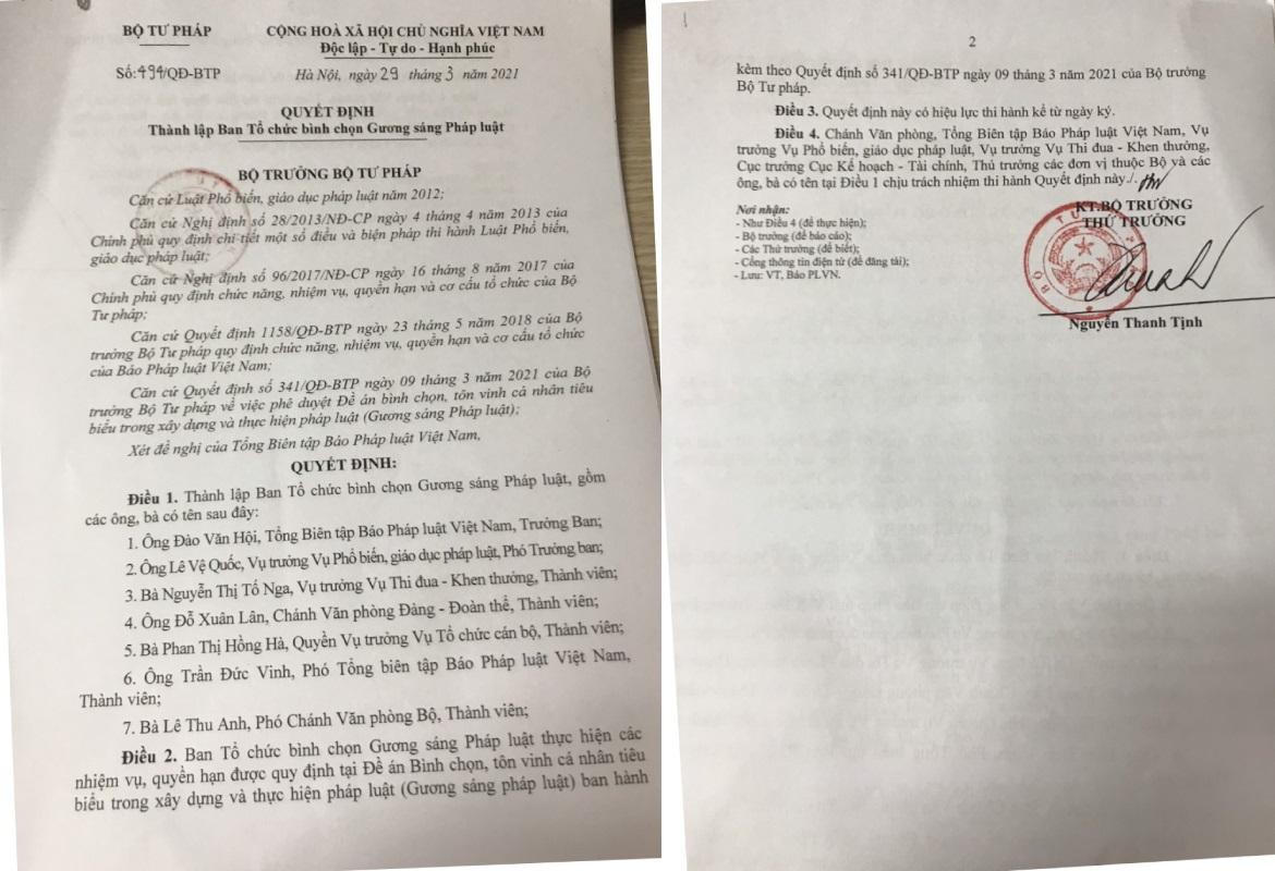 Thành lập Ban Tổ chức bình chọn Gương sáng Pháp luật