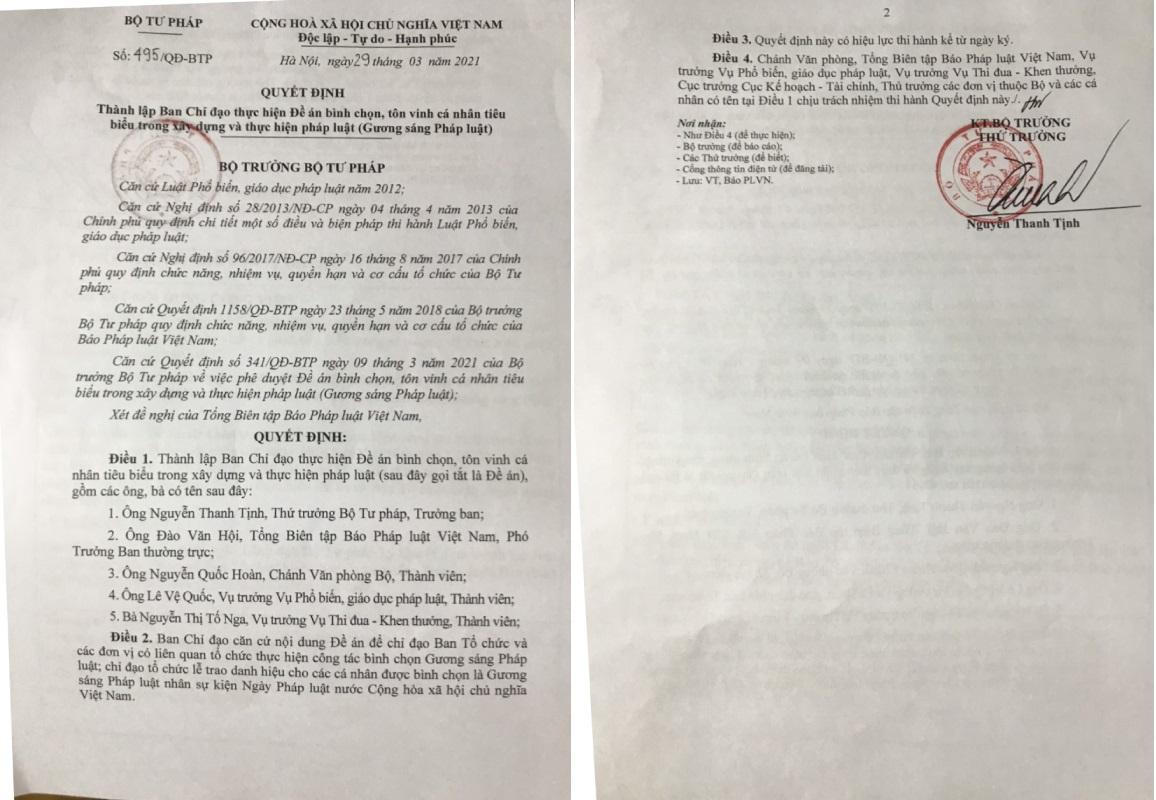 Thành lập Ban Chỉ đạo thực hiện Đề án bình chọn, tôn vinh cá nhân tiêu biểu trong xây dựng và thực hiện pháp luật (Gương sáng Pháp luật)