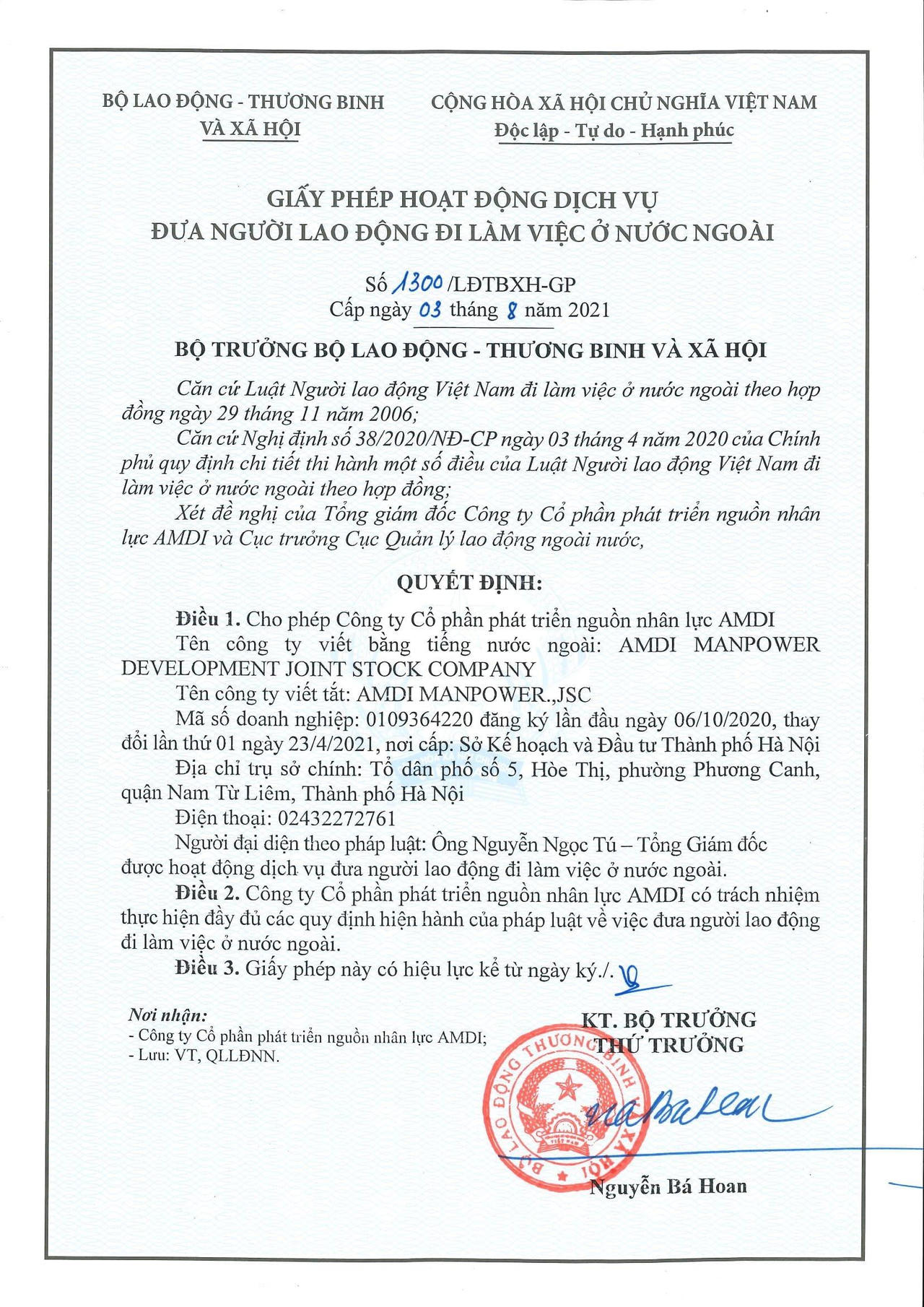 Giấy phép hoạt động dịch vụ đưa người đi lao động ở nước ngoài