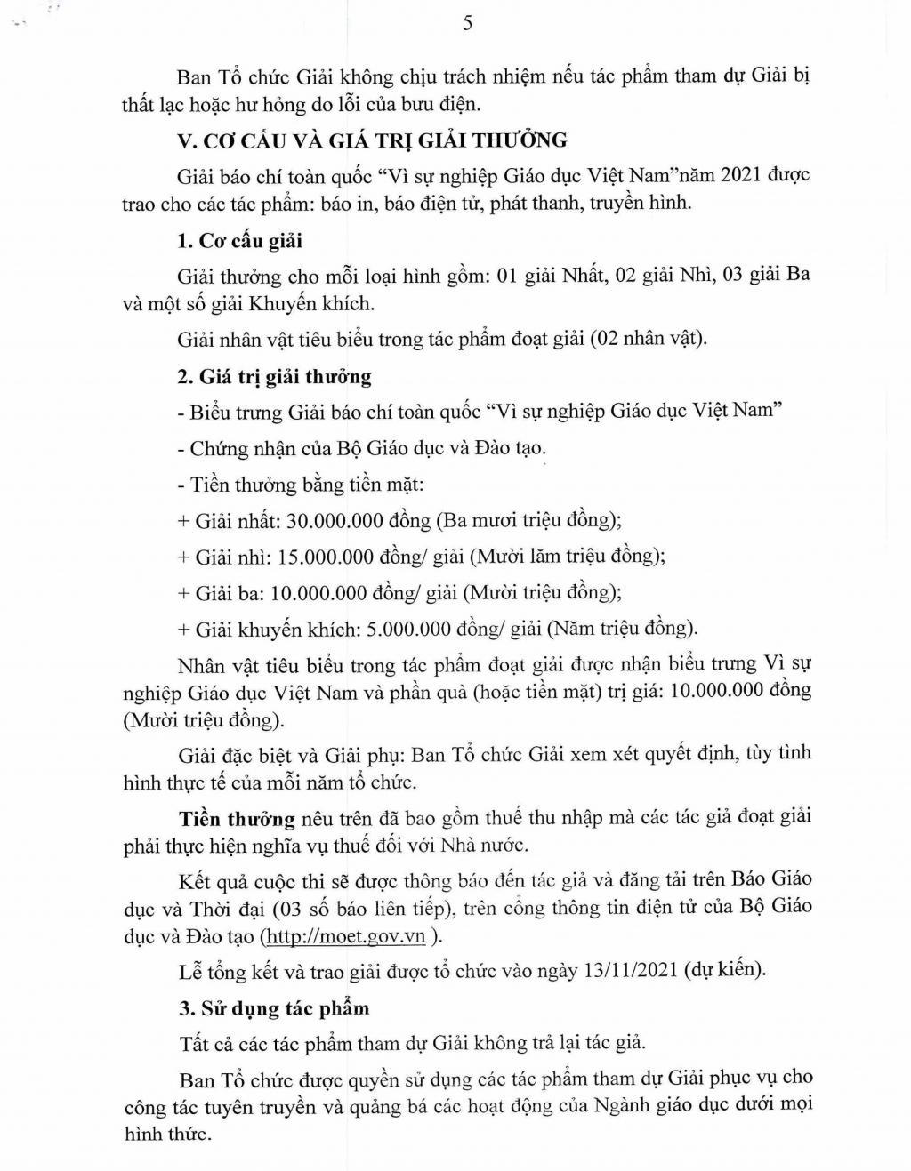 Thể lệ Giải báo chí toàn quốc "Vì sự nghiệp Giáo dục Việt Nam" năm 2021