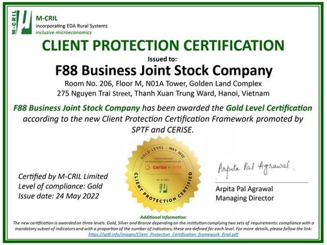 F88 được trao chứng chỉ Vàng về Bảo vệ Khách hàng