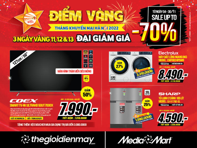 Điểm Vàng Tháng khuyến mại Hà Nội 2022, MediaMart giảm giá lên đến 70% toàn mặt hàng