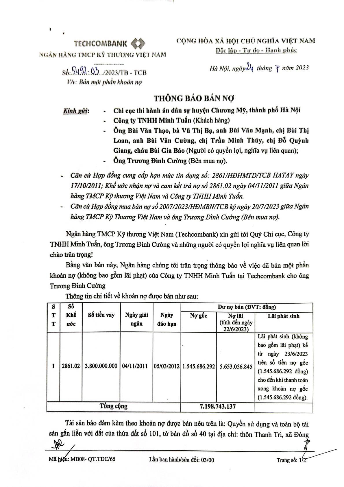 Thông báo về việc bán khoản nợ