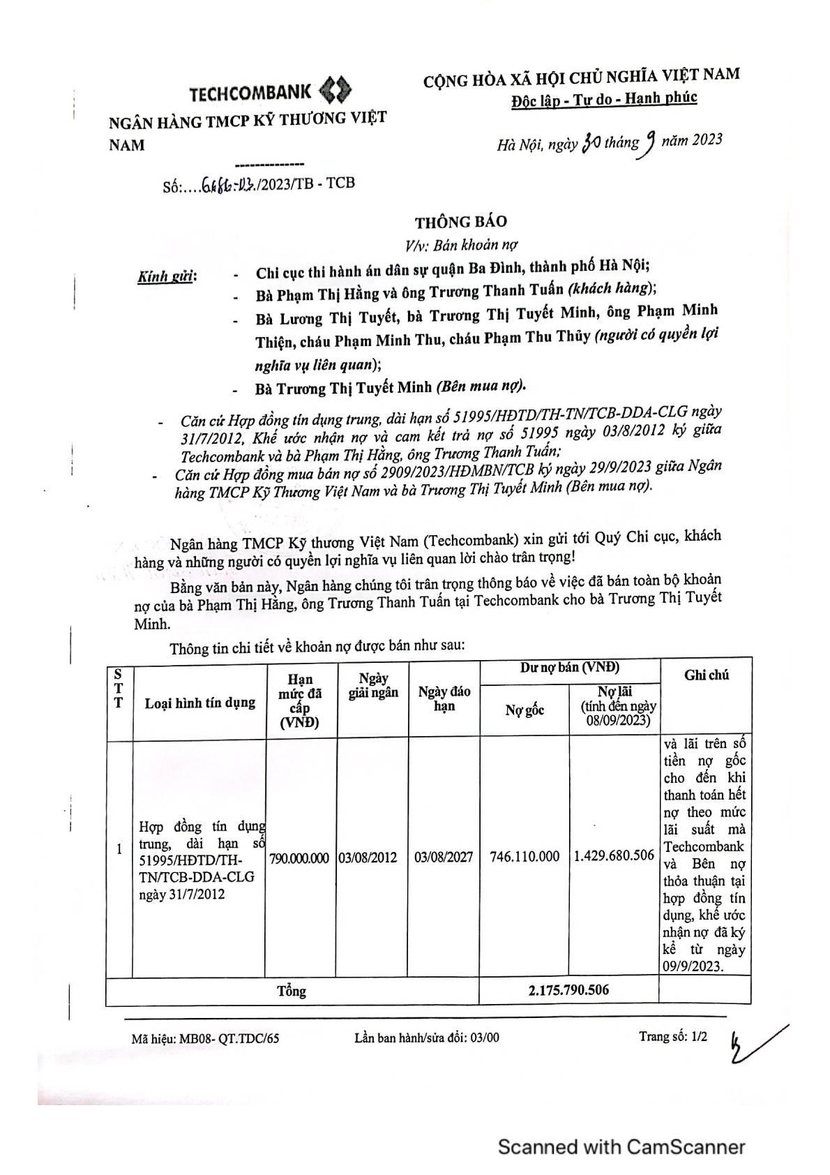 Thông báo về việc bán khoản nợ
