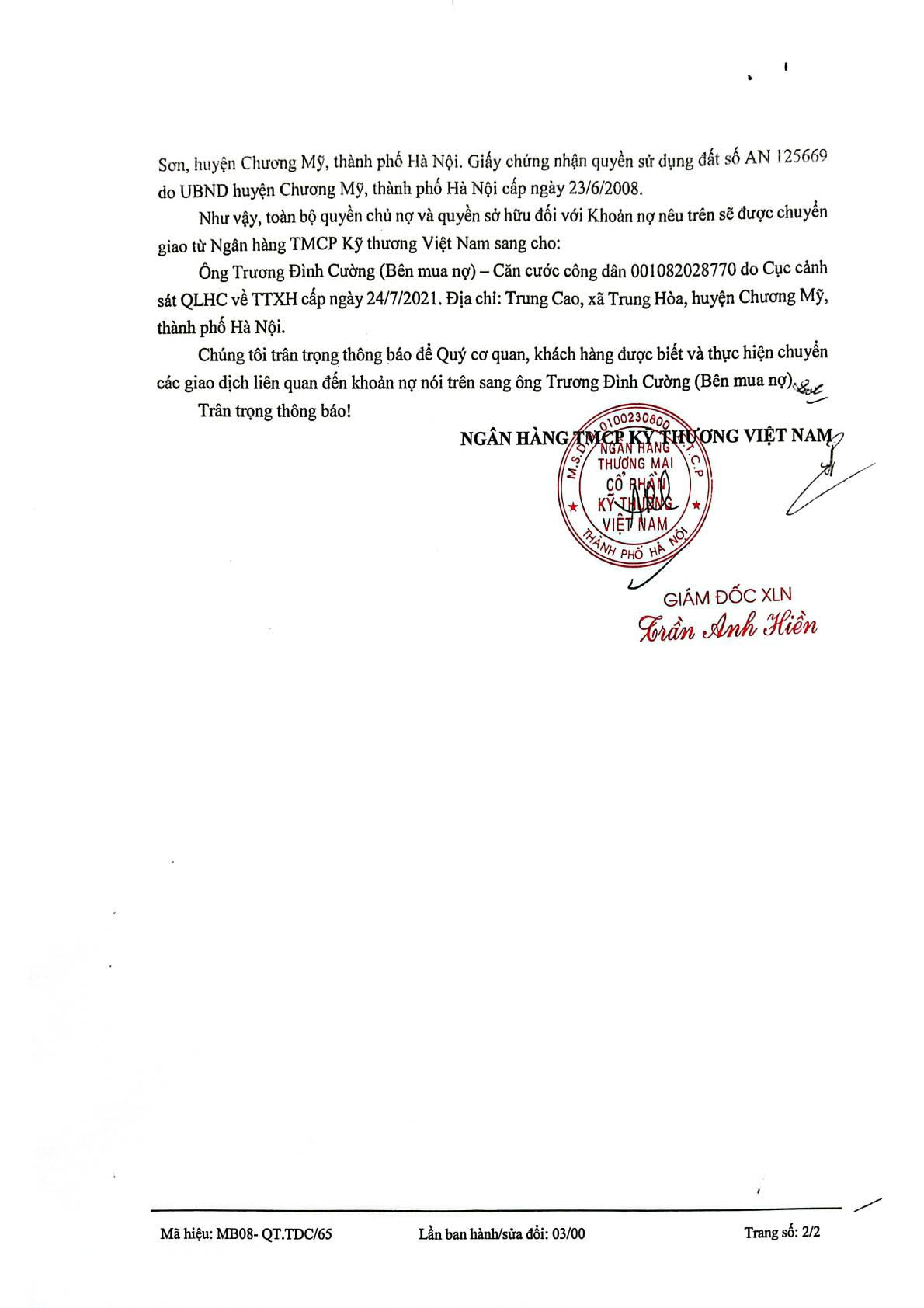 Thông báo về việc bán khoản nợ