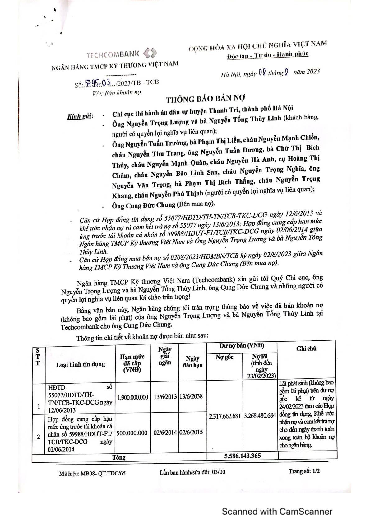 Thông báo về việc bán khoản nợ