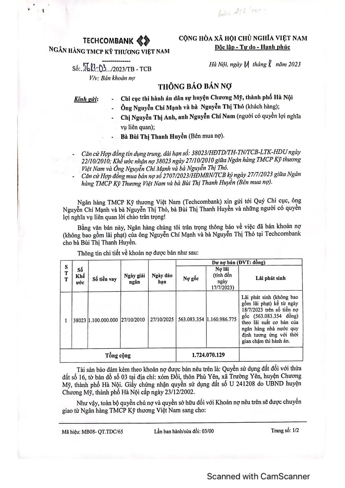 Thông báo về việc bán khoản nợ