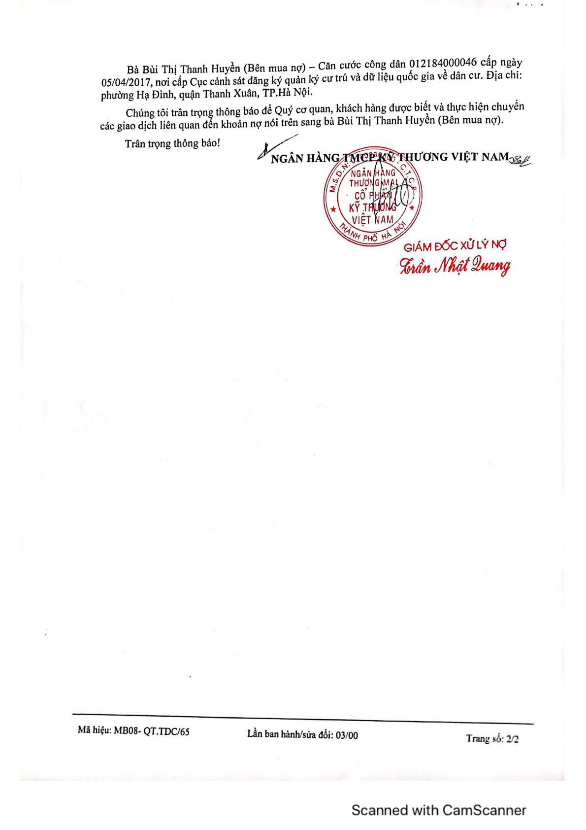 Thông báo về việc bán khoản nợ