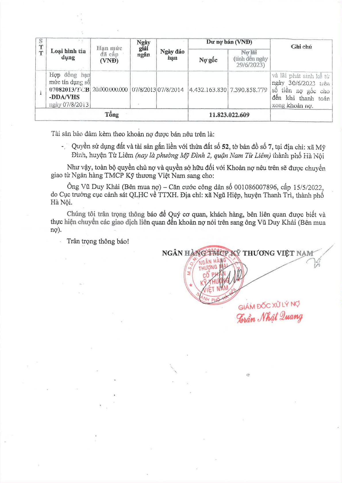 Thông báo về việc bán khoản nợ