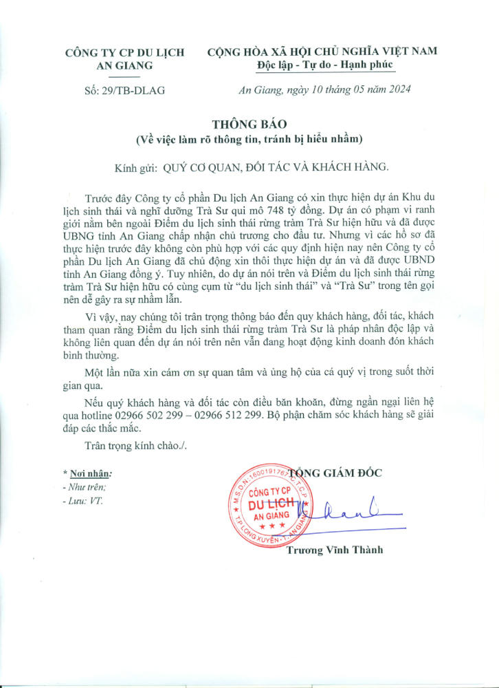 Công ty cổ phần Du lịch An Giang thông báo