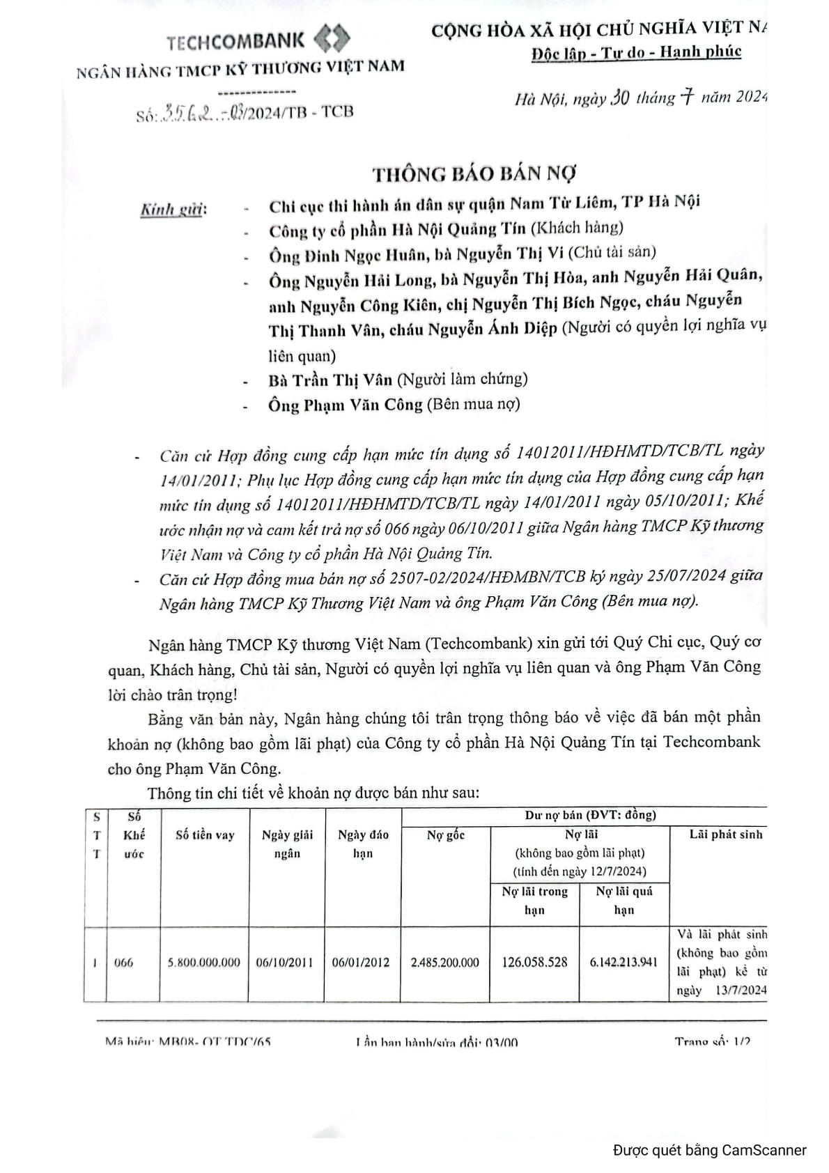 Thông báo về việc bán khoản nợ