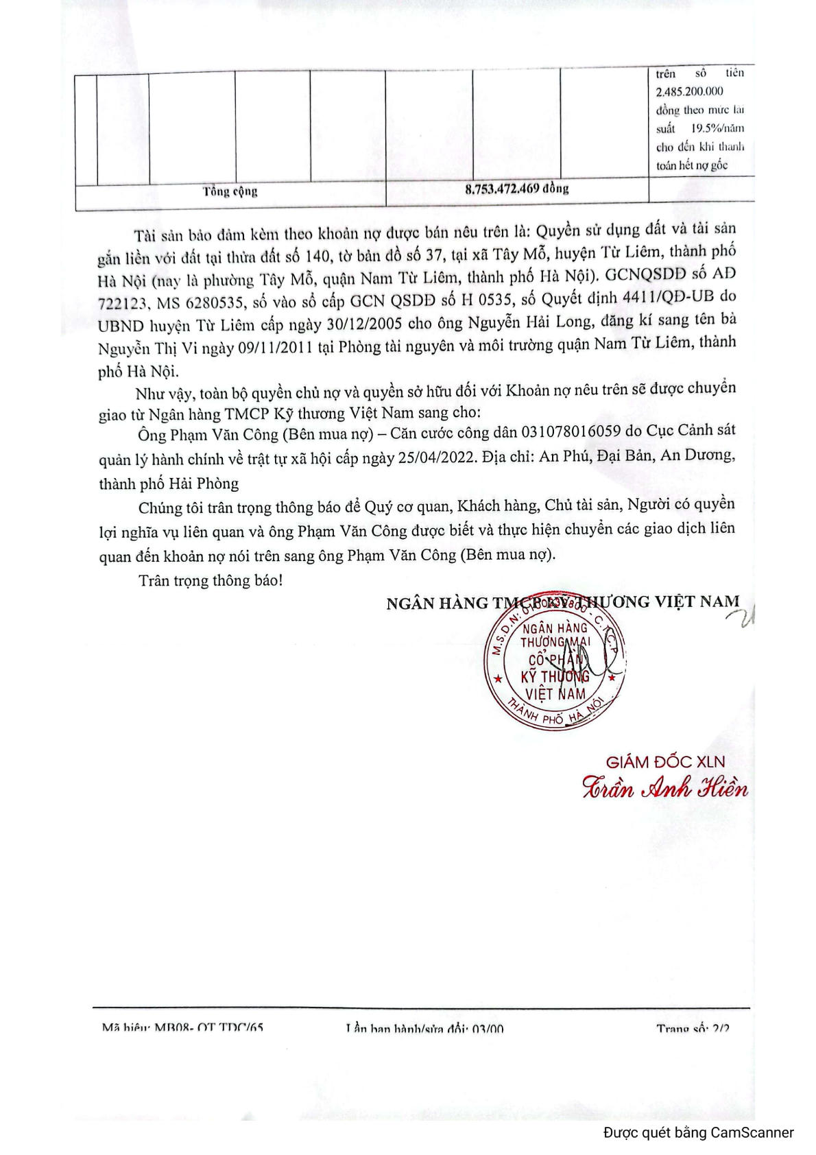 Thông báo về việc bán khoản nợ