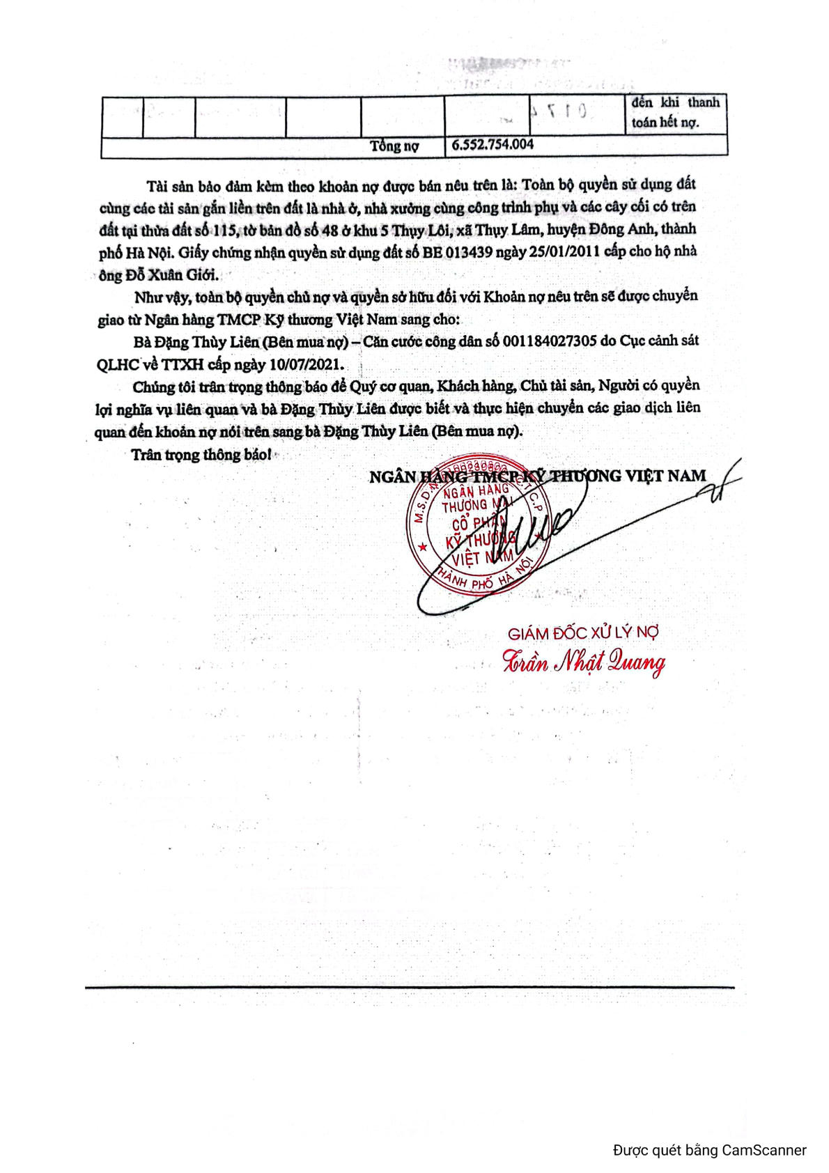 Thông báo về việc bán khoản nợ