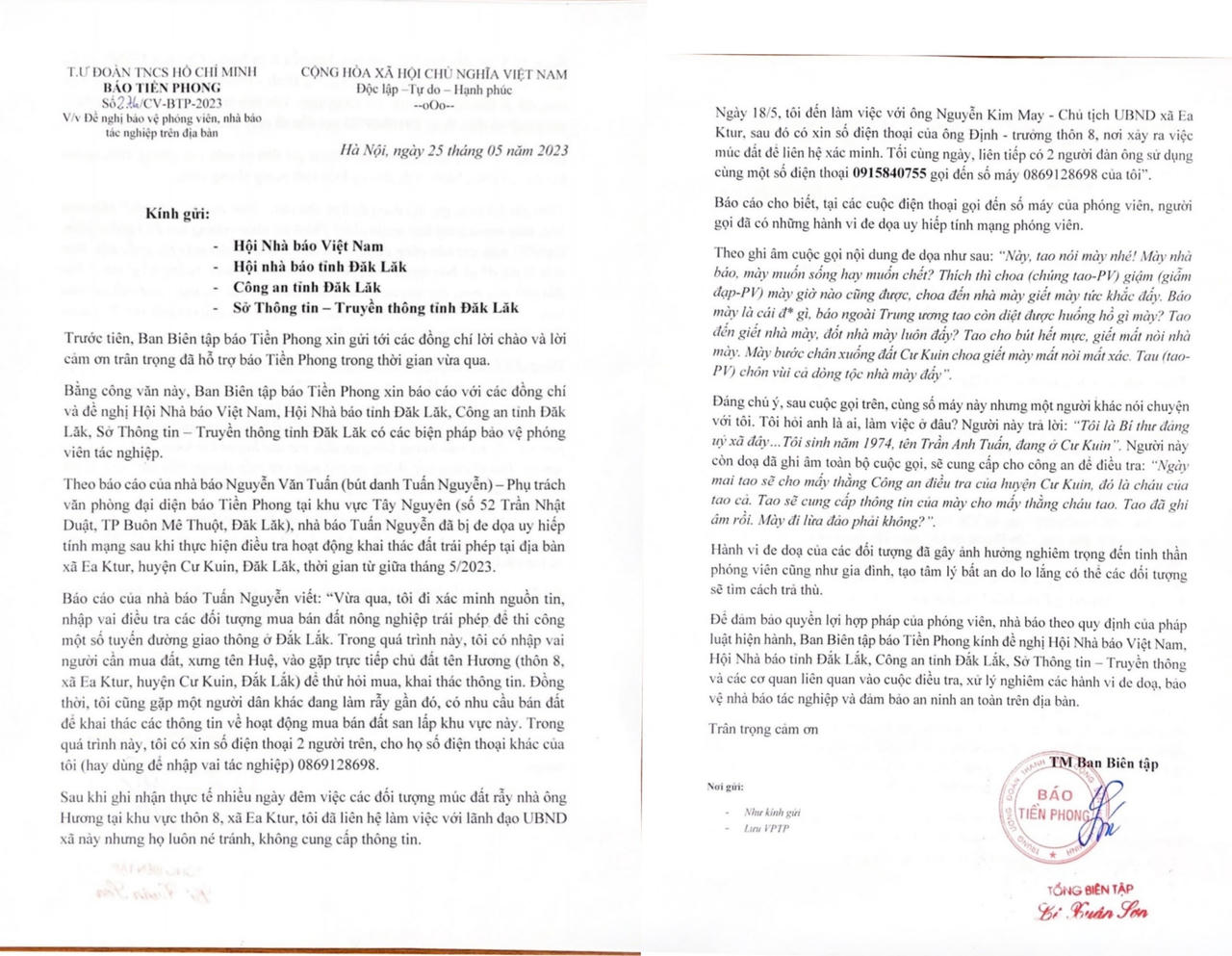 Phóng viên Báo Tiền phong bị doạ giết: Cần đưa ra ánh sáng những kẻ ngông cuồng, coi thường pháp luật