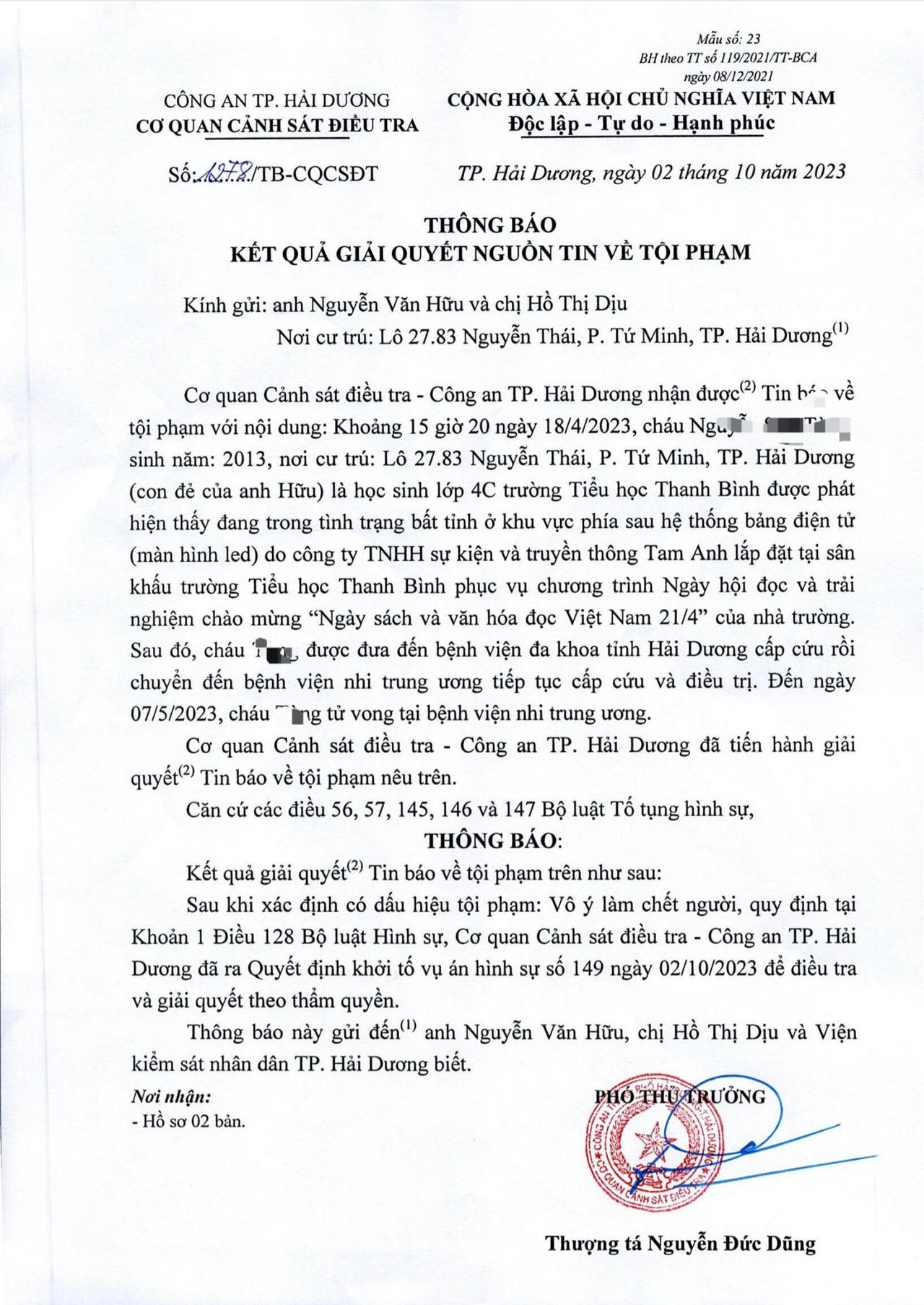  Khởi tố vụ án học sinh bị tử vong sau khi nhà trường tổ chức sự kiện tại Hải Dương