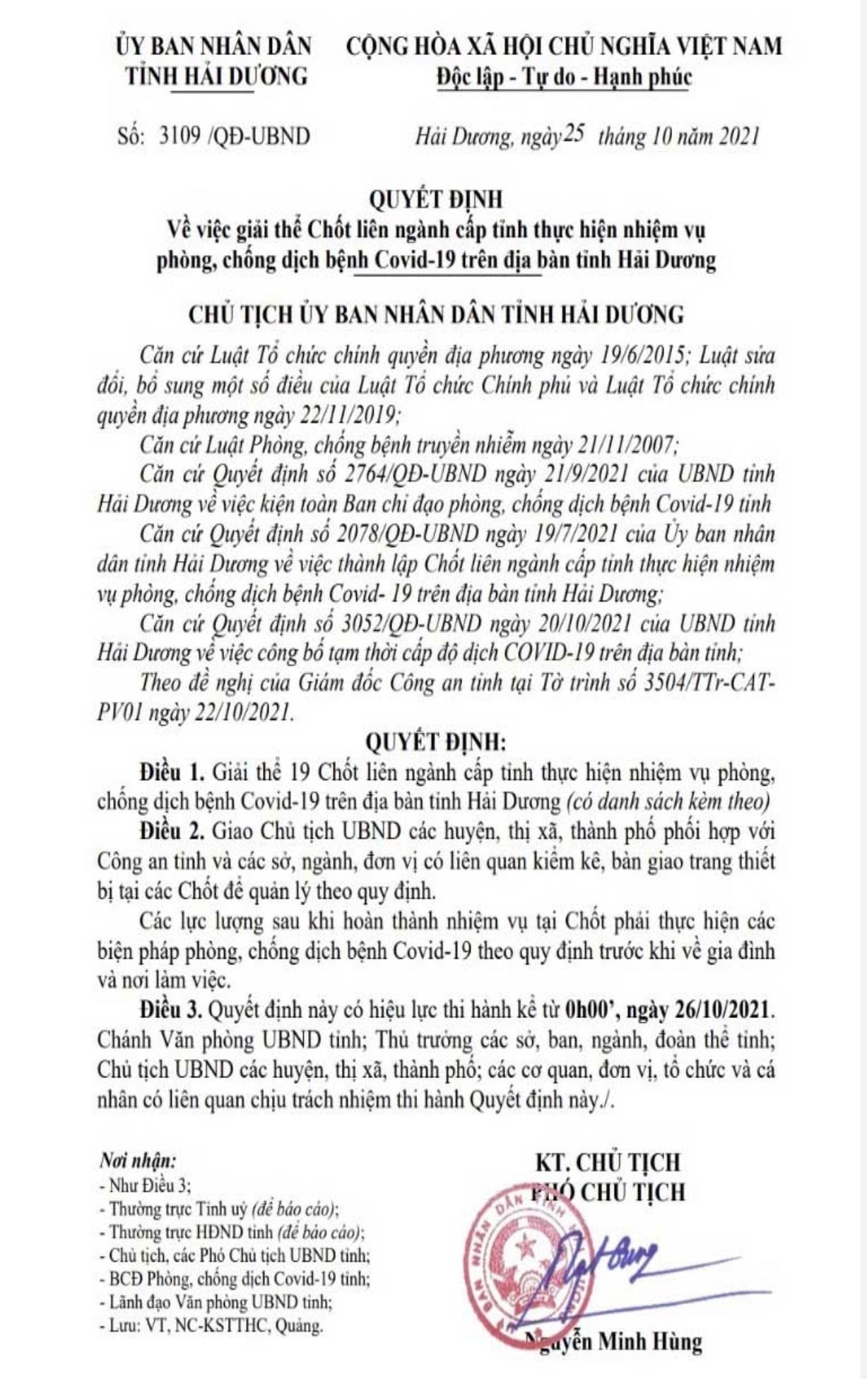 Hải Dương giải thể các chốt kiểm dịch liên ngành cấp tỉnh từ 0 giờ ngày 26/10