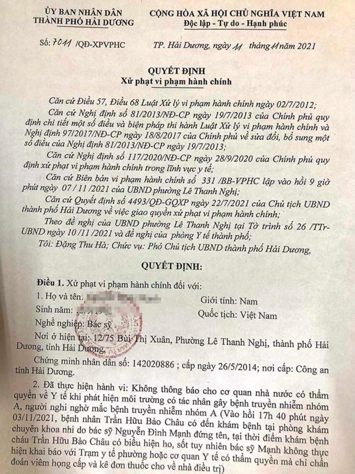 Một bác sĩ ở TP Hải Dương bị phạt vì không khai báo bệnh nhân ho, sốt
