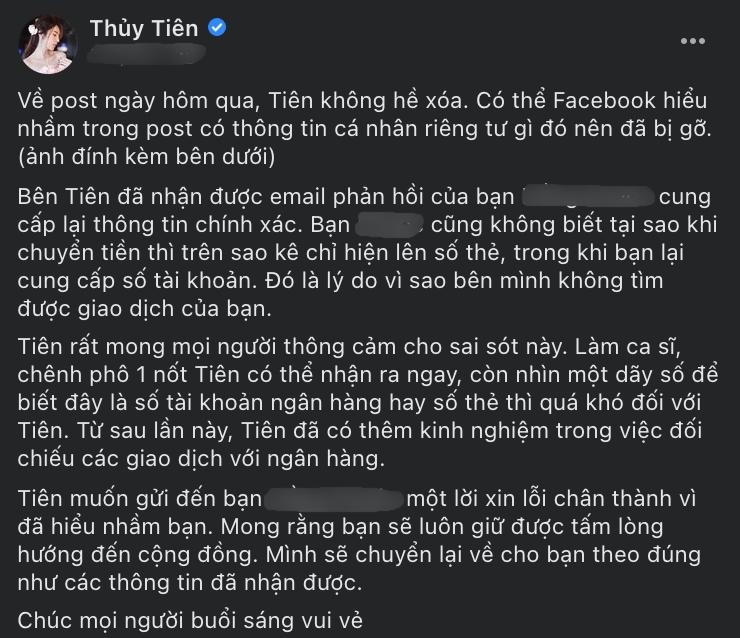 Thủy Tiên xin lỗi và hoàn 30 triệu đồng chuyển nhầm cho mạnh thường quân