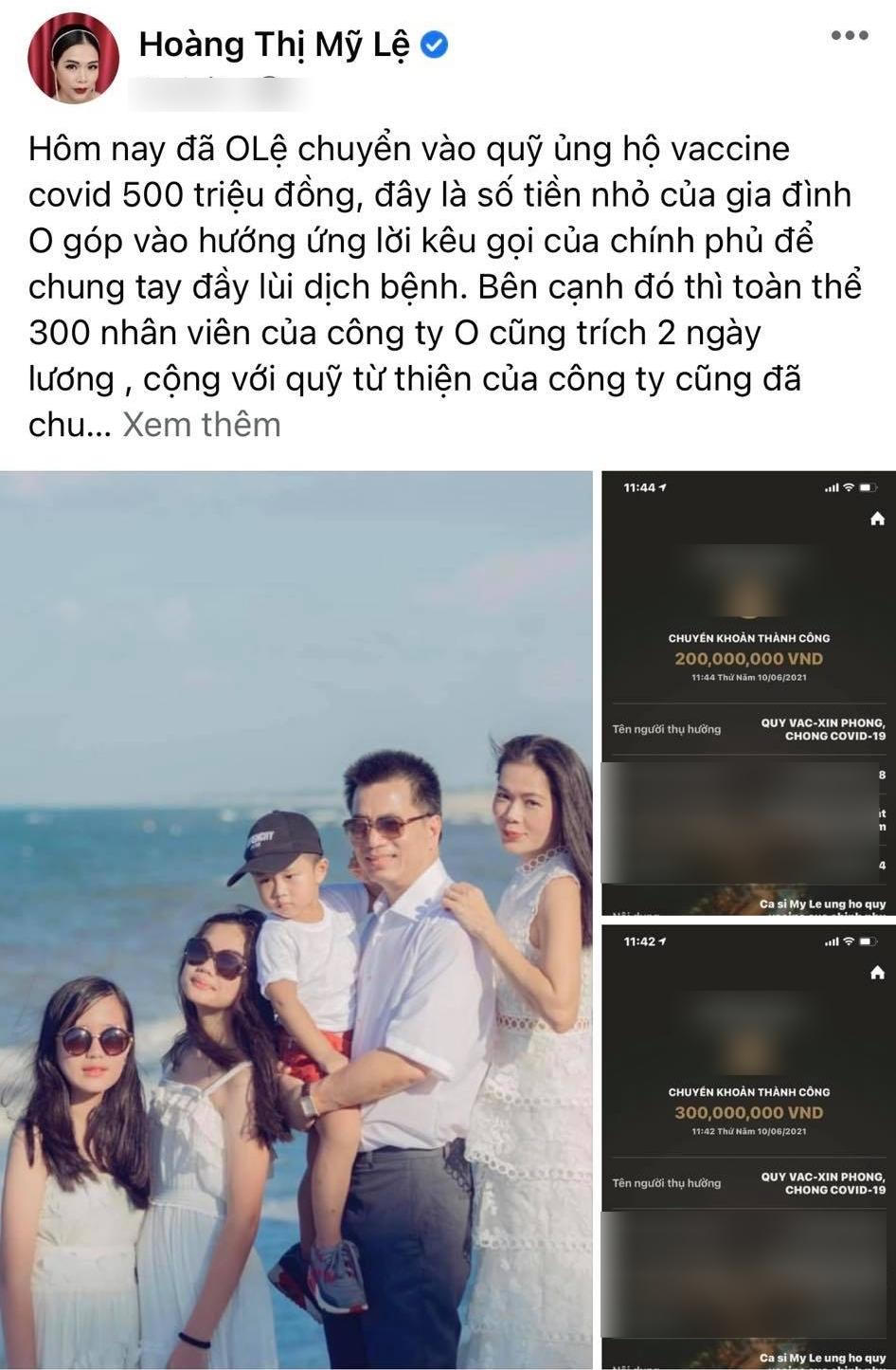 Ca sĩ Mỹ Lệ ủng hộ nửa tỷ mua vaccine; NS Duy Phương kêu gọi khán giả chuyển tiền hỗ trợ mình