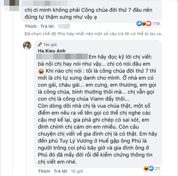 Hà Kiều Anh đáp trả thắc mắc về thân phận 'công chúa'; Hồ Ngọc Hà bức xúc khi bị nói mang con ra câu like
